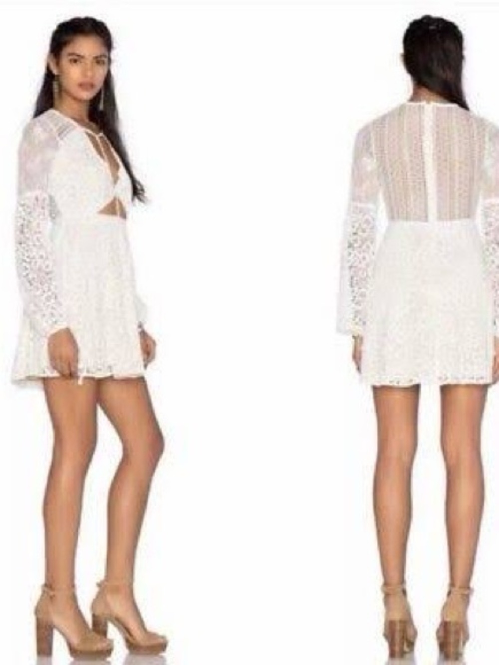 For Love & Lemons Daisy Dress Ivory Sz M Mini Lace Long Balloon Sleeve V-neck